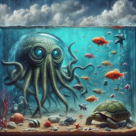 🐟 aquarium mit fischen  schildkröten und einem seltsamen wesen