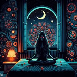 ⚫️ 🛌 Hexenartige, schwarz gekleidete Frau am Bett